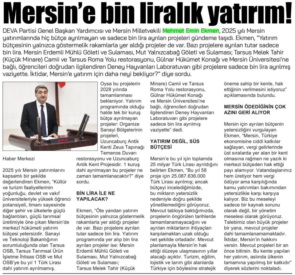 MERSİN'E BİN LİRALIK YATIRIM!