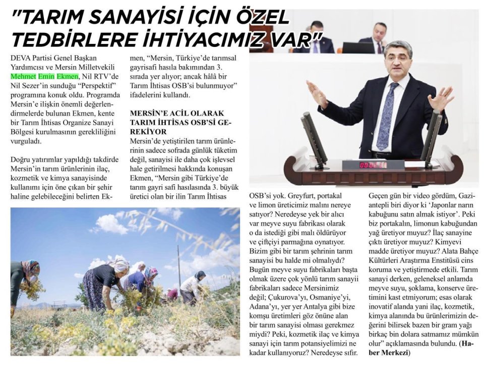 MERSİN'E TARIM İHTİSAS OSB'Sİ ŞART