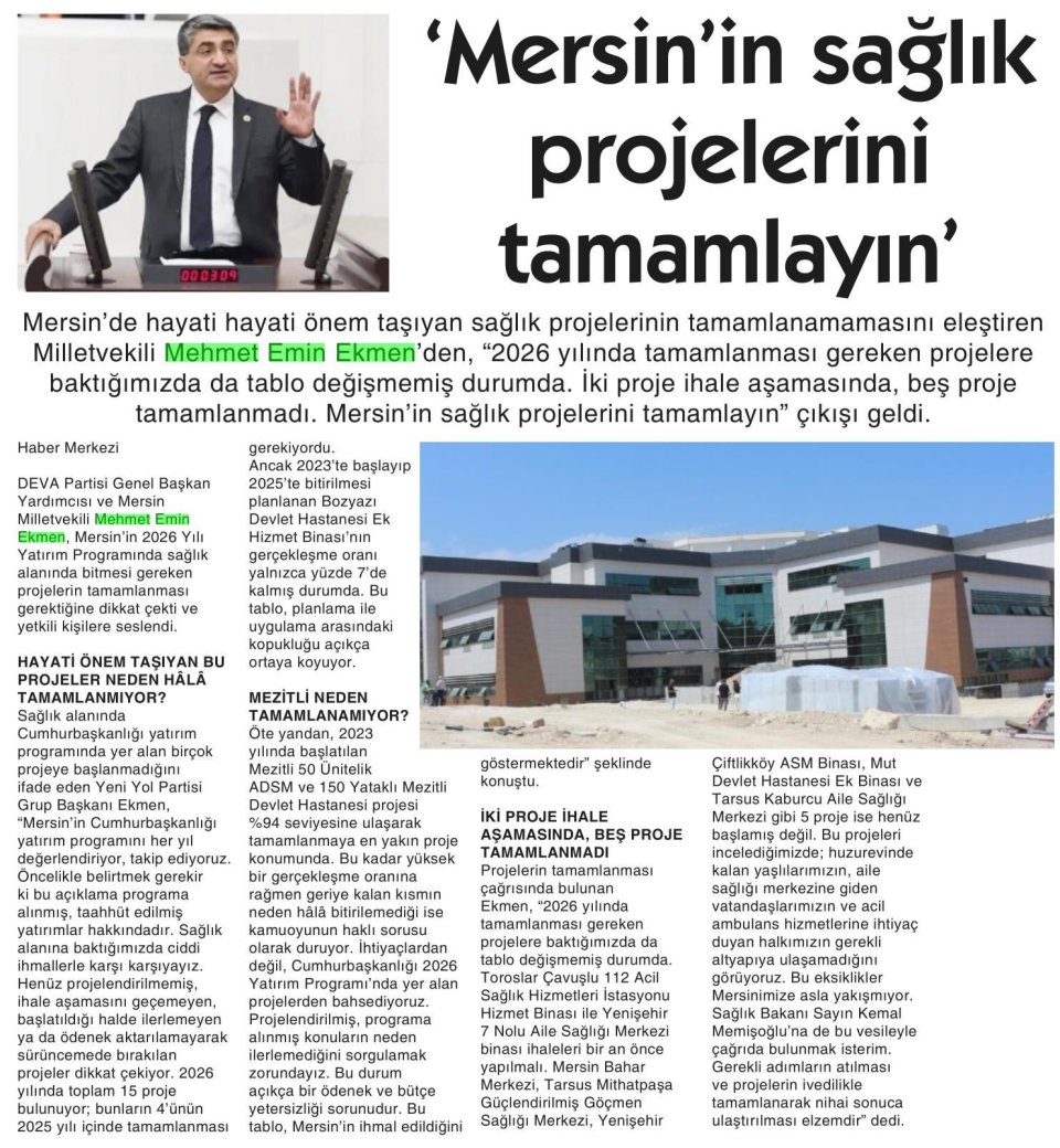  'MERSİNİN SAĞLIK PROJELERİNİ TAMAMLAYIN'