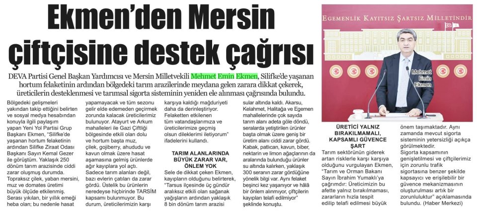 ''MERSİNLİ ÇİFTÇİ KADERİNE TERK EDİLMESİN