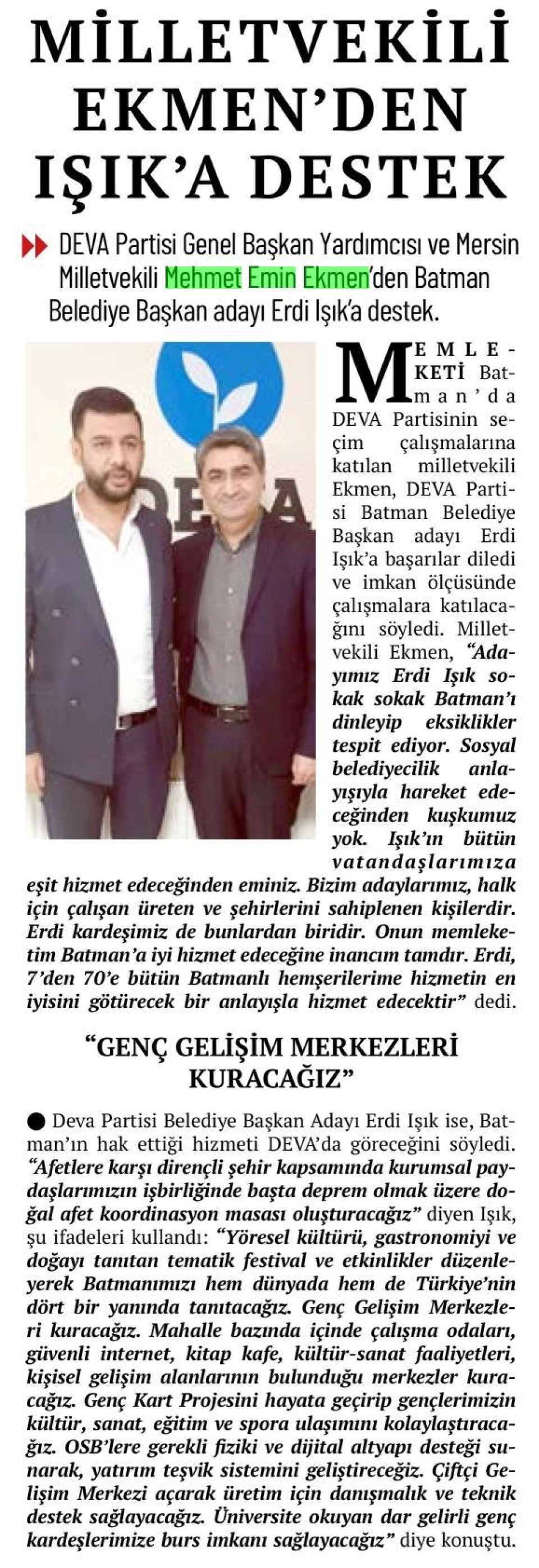 MİLLETVEKİLİ EKMEN'DEN IŞIK'A DESTEK