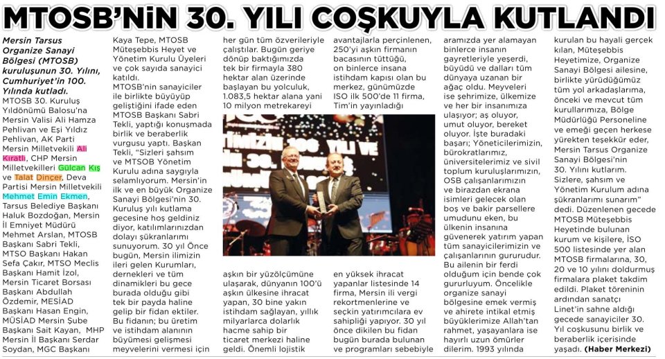 MTOSB'nin 30. Yılı Coşkuyla kutlandı.