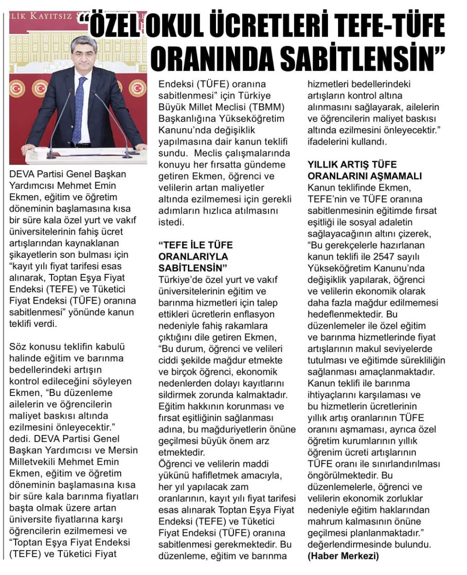 ÖZEL OKUL ÜCRETLERİ TEFE-TUFE ORANINDA SABİTLENSİN
