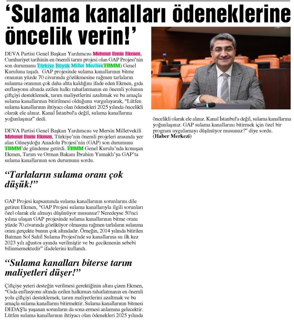  'SULAMA KANALLARI ÖDENEKLERİNE ÖNCELİK VERİN!'