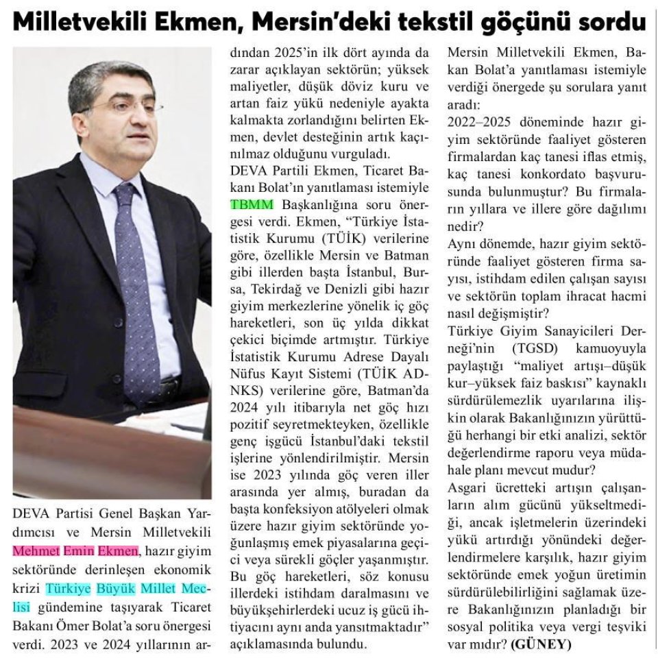 TEKSTİLCİ MERSİN'DEN KAÇIYOR!