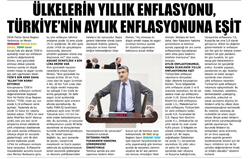 ÜLKELERİN YILLIK ENFLASYONU, TÜRKİYE'NİN AYLIK ENFLASYONUNA EŞİT
