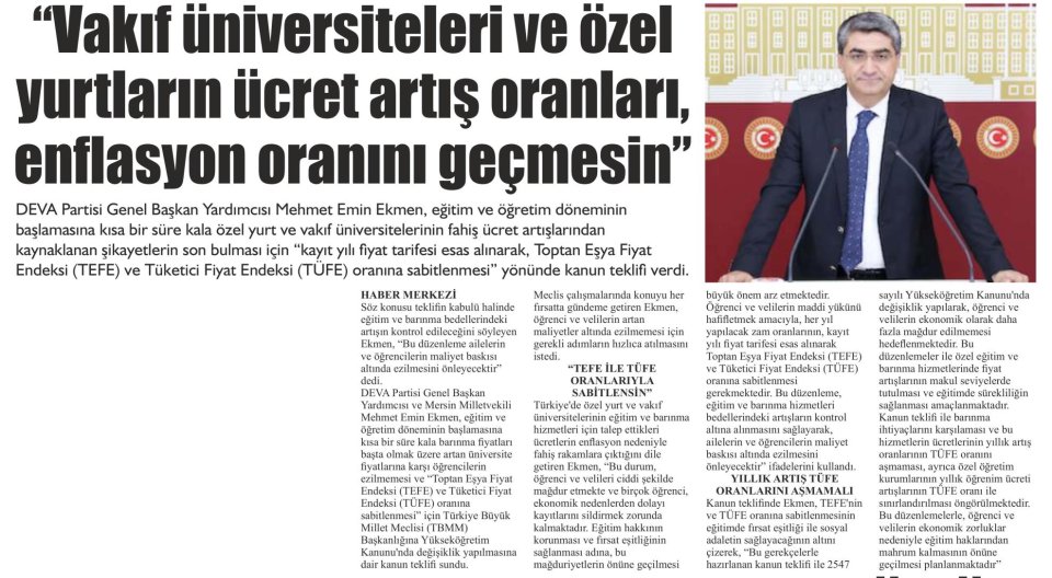 'VAKIF ÜNİVERSİTELERİ VE ÖZEL YURTLARIN ÜCRET ARTIŞ ORANLARI , ENFLASYON ORANINI GEÇMESİN''