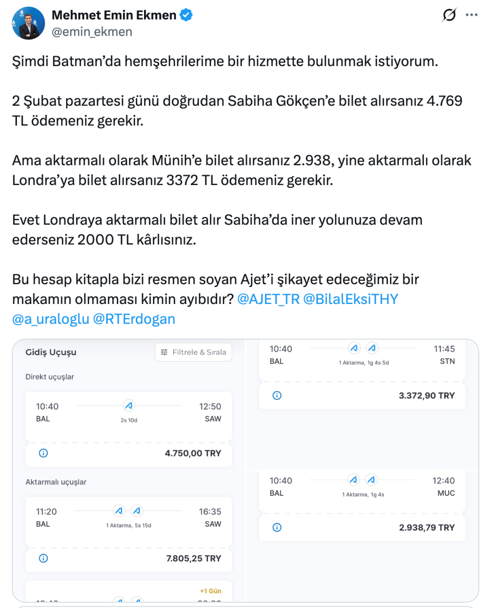 Ekmen’den uçak bilet fiyatlarına eleştiri